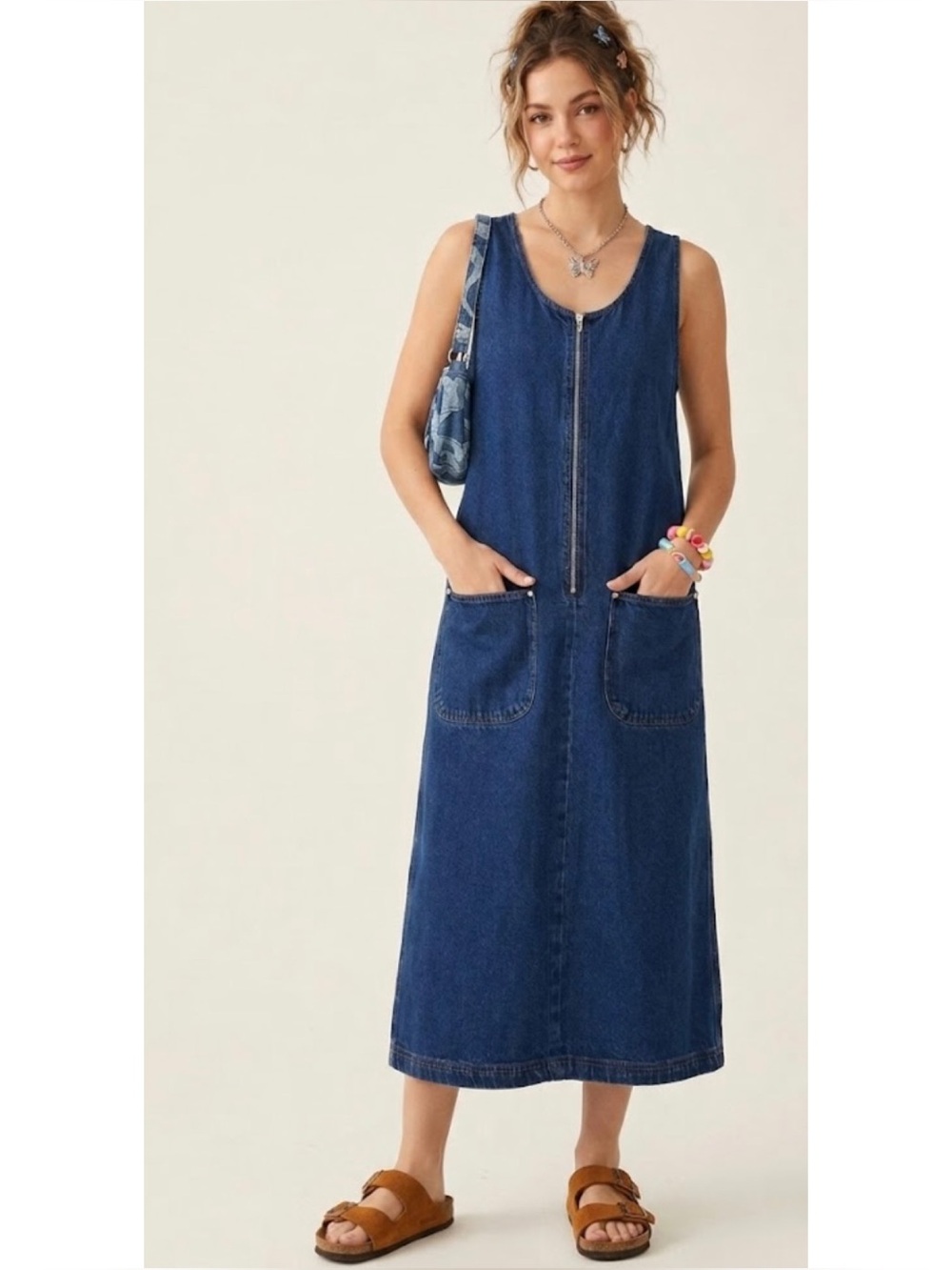 Street Blues Vintage 90s Y2K Sleeveless Denim Zip Front Jumper Dress 100% Cotton